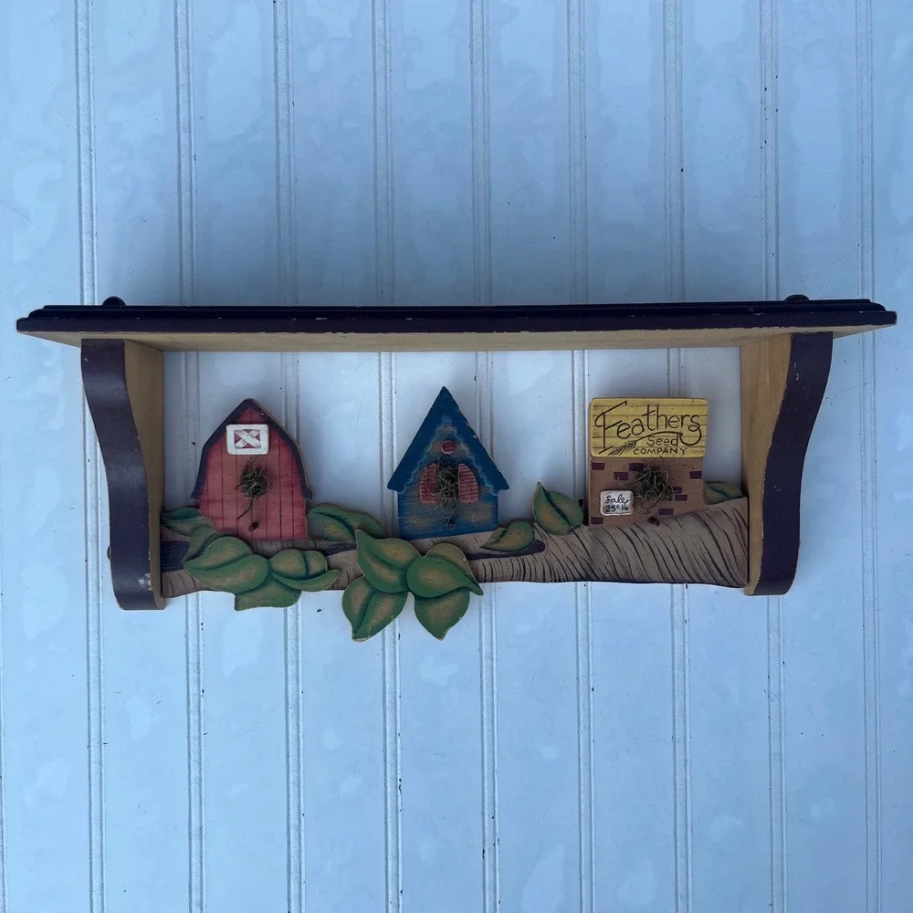 Rustic Wooden Birdhouse Wall Shelf Feathers Seed Company Folk Art  Decor